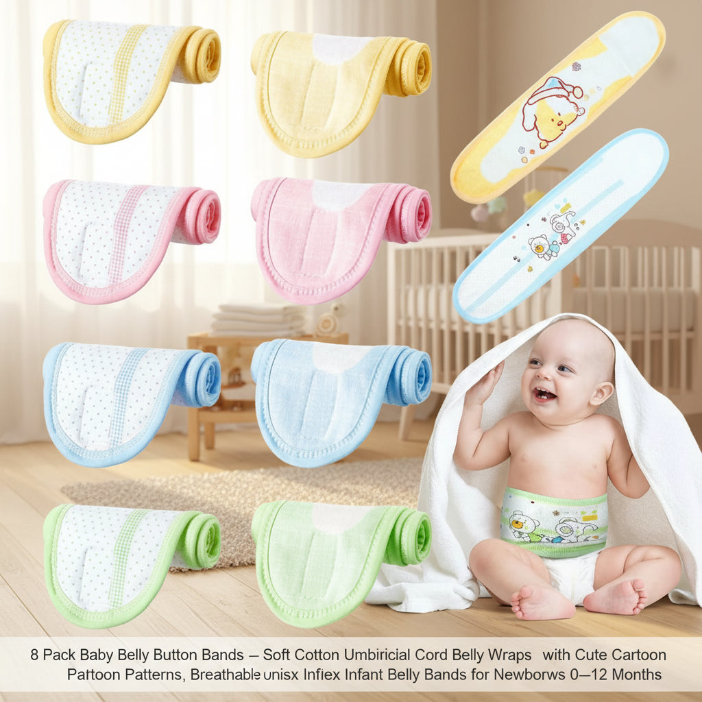 8 Pack Baby Belly Button Bands – Soft Cotton Umbilical Cord Belly Wraps with Cute Cartoon Patterns, Breathable Unisex Infant Belly Bands for Newborns 0–12 Months